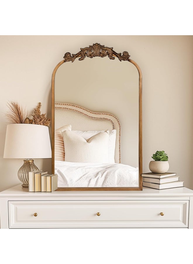 غوغا مرايات جداريه ذهبية فاخرة فينتج 91×61 سم، مرايا جدارية بإطار باروكي مزخرف وقوس أنيق، مرايا حائط ومرايا حمام / مراية حمام للحمام وغرفة النوم وغرفة المعيشة، مرايا مدخل / مراية مدخل للمداخل وفوق المدفأة - Image 2